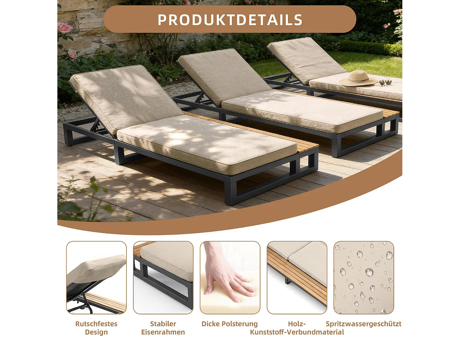 Bain de soleil d'extérieur 1 place - 184 x 79.5 x 73 cm - Lit de jour avec étagère à droit - dossier inclinable - métal + bois - beige