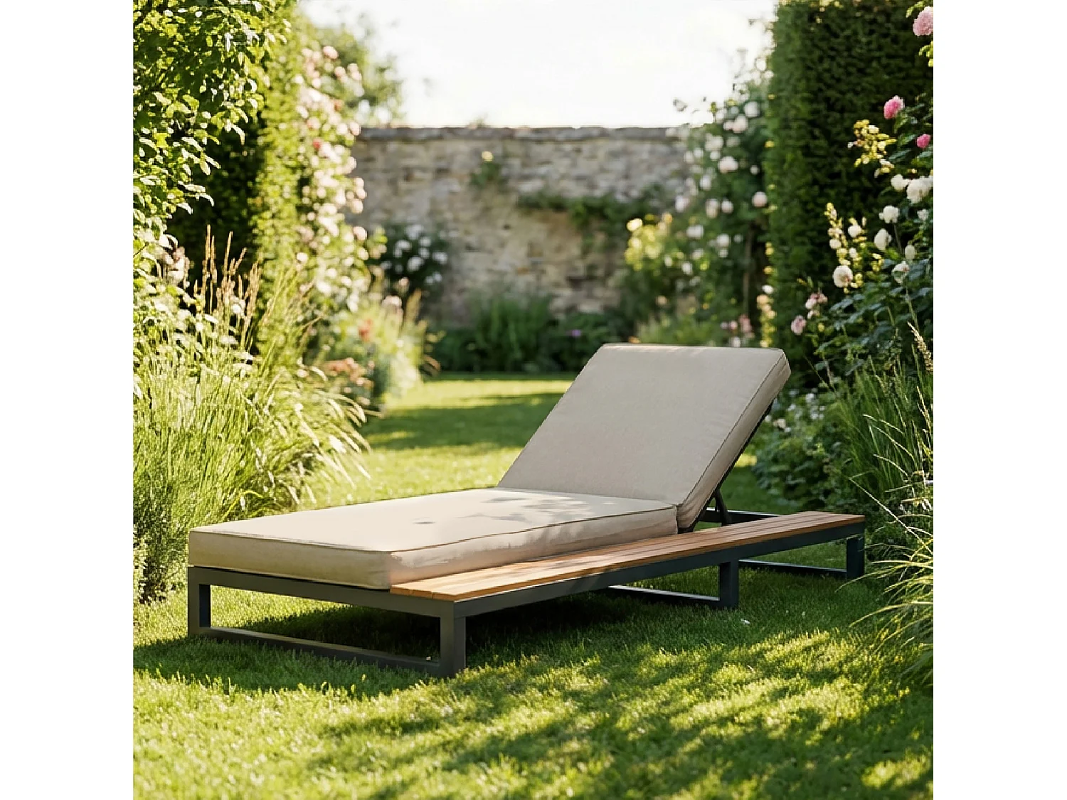 Eenpersoons ligstoel voor buiten - 184 x 79,5 x 73 cm - Daybed met plank aan de linkerkant - verstelbare rugleuning - metaal en hout - beige