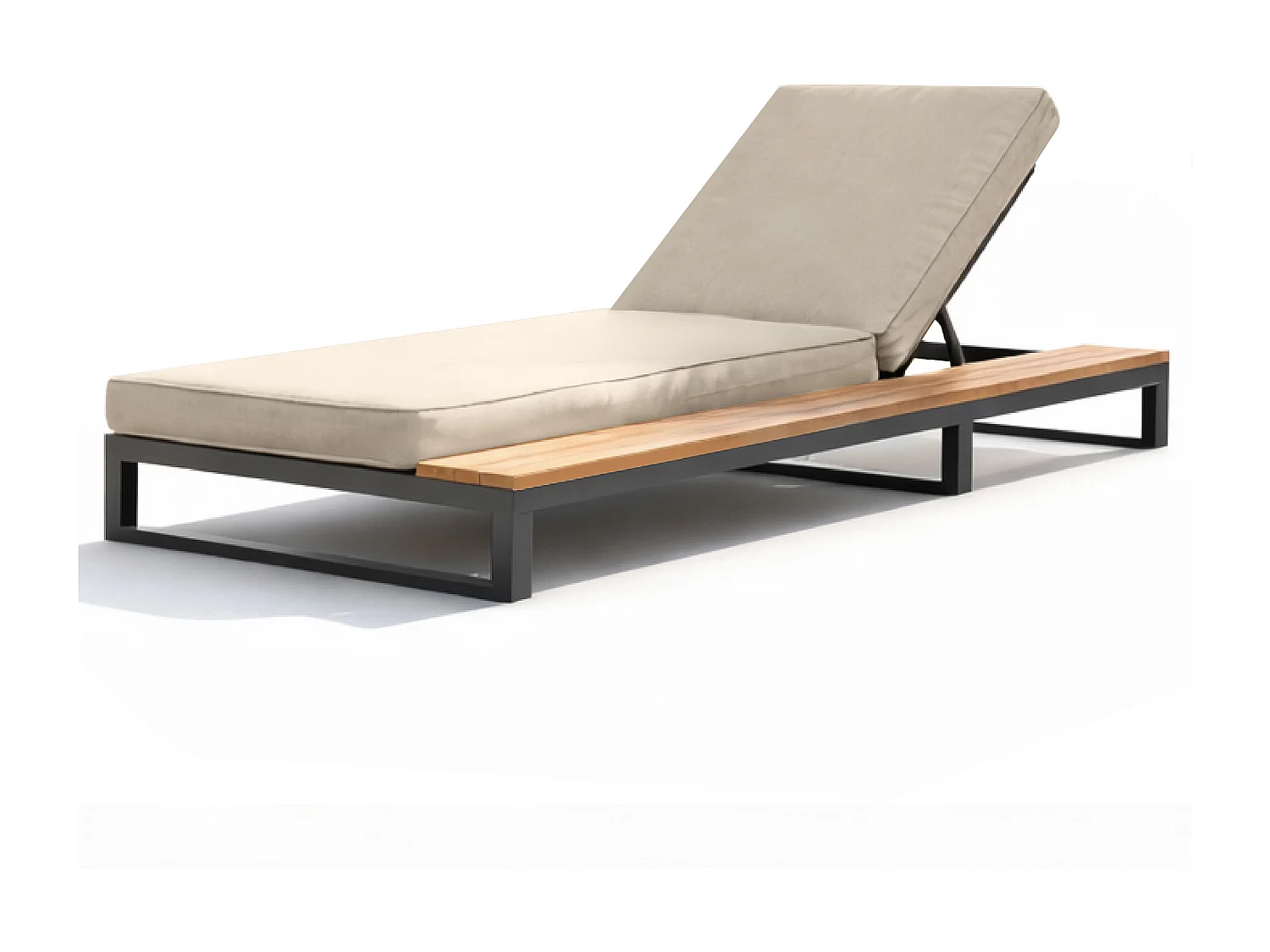 Eenpersoons ligstoel voor buiten - 184 x 79,5 x 73 cm - Daybed met plank aan de linkerkant - verstelbare rugleuning - metaal en hout - beige