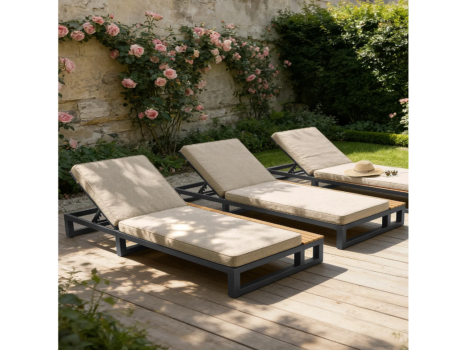 Eenpersoons ligstoel voor buiten - 184 x 79,5 x 73 cm - Daybed met plank aan de linkerkant - verstelbare rugleuning - metaal en hout - beige