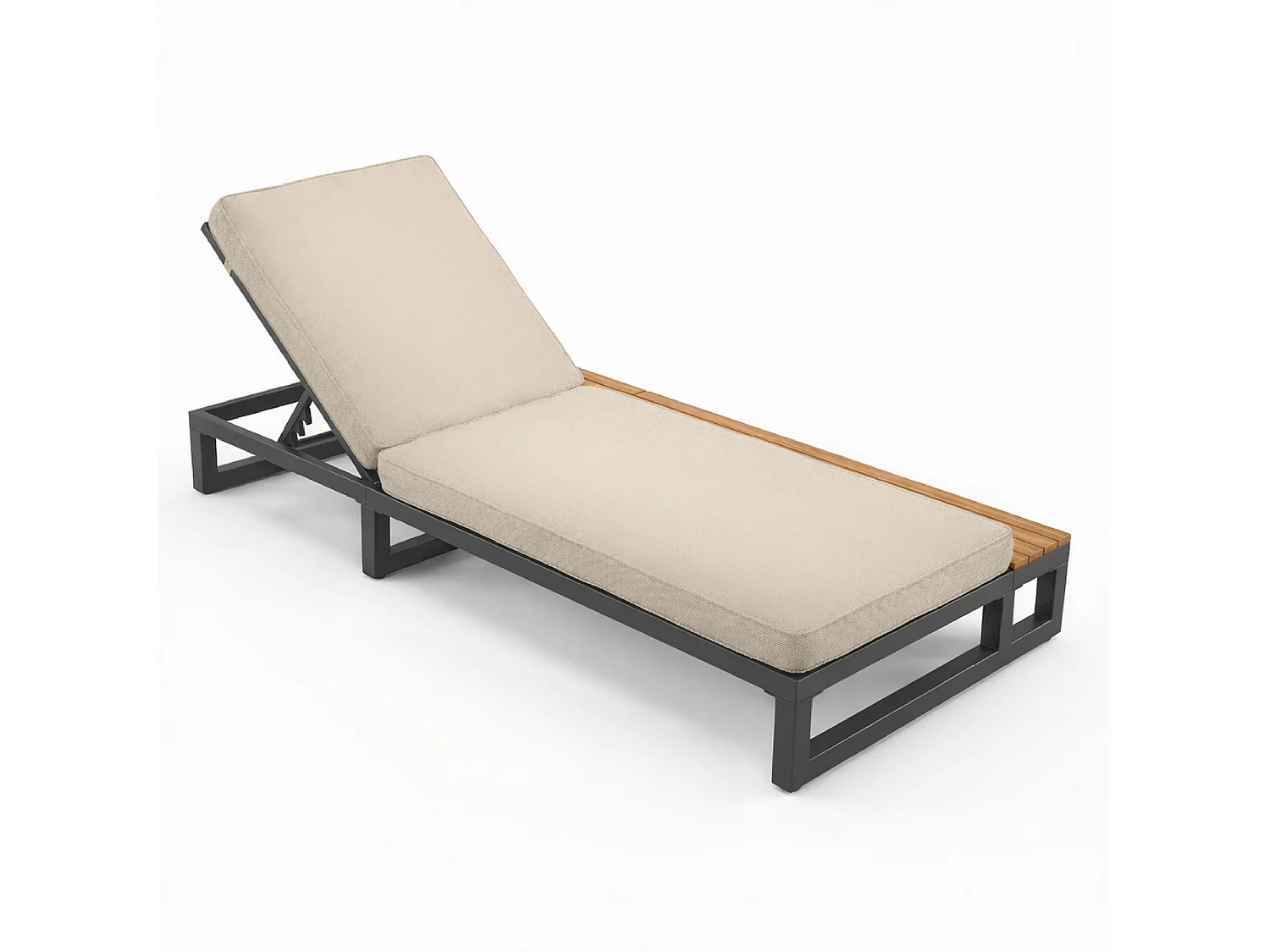 Eenpersoons ligstoel voor buiten - 184 x 79,5 x 73 cm - Daybed met plank aan de linkerkant - verstelbare rugleuning - metaal en hout - beige