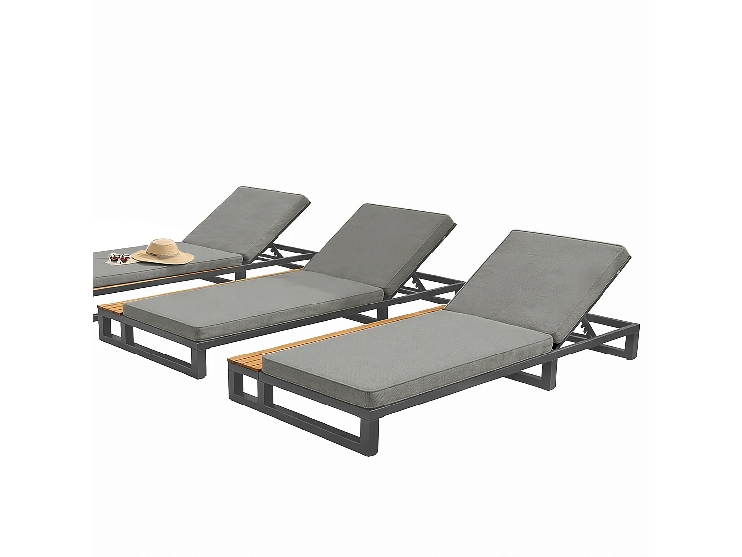 Bain de soleil d'extérieur 1 place - 184 x 79.5 x 73 cm - Lit de jour avec étagère à droit - dossier inclinable - métal + bois - gris