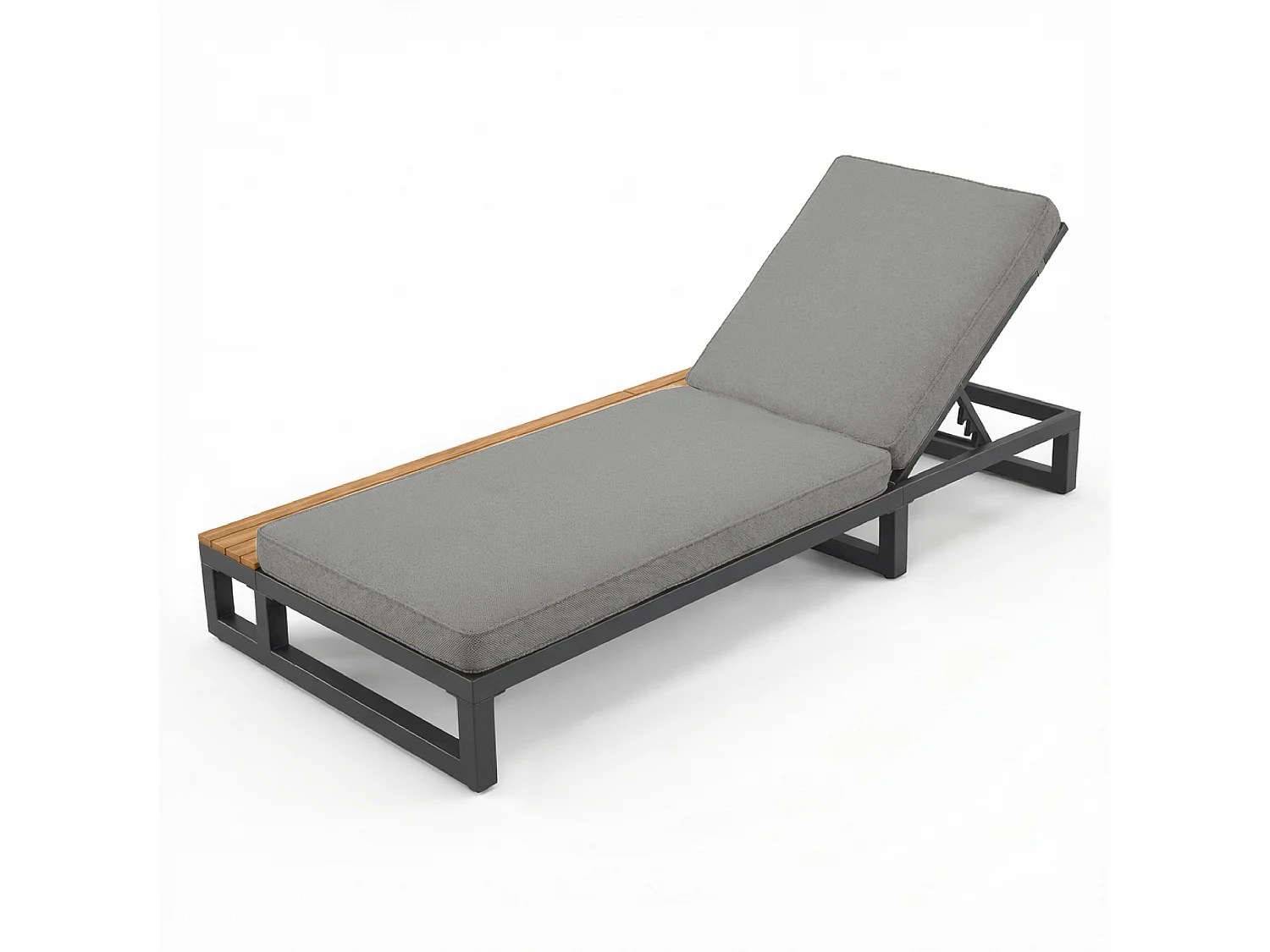 Bain de soleil d'extérieur 1 place - 184 x 79.5 x 73 cm - Lit de jour avec étagère à droit - dossier inclinable - métal + bois - gris