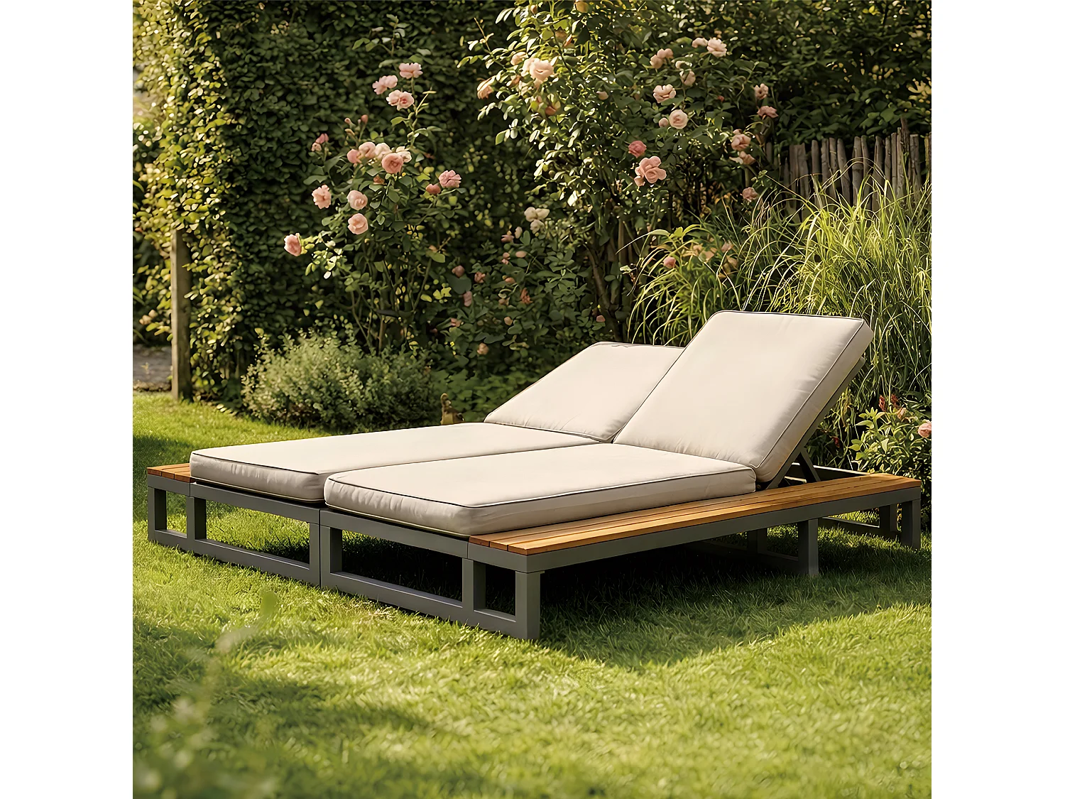 Dubbele ligstoel voor buiten - 184 x 159 x 73 cm - Daybed met planken - verstelbare rugleuning - metaal + hout - beige