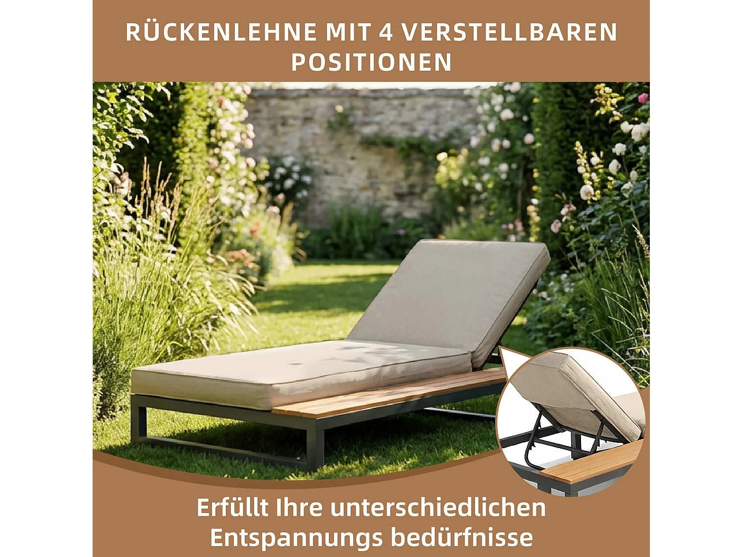 Dubbele ligstoel voor buiten - 184 x 159 x 73 cm - Daybed met planken - verstelbare rugleuning - metaal + hout - beige