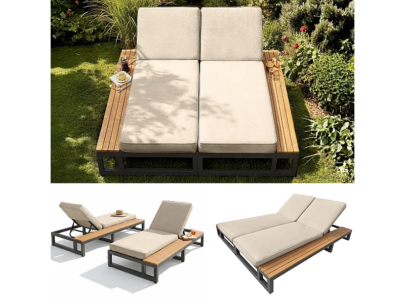 Bain de soleil double d'extérieur - 184 x 159 x 73 cm - Lit de jour avec étagères - dossier inclinable - métal + bois - beige