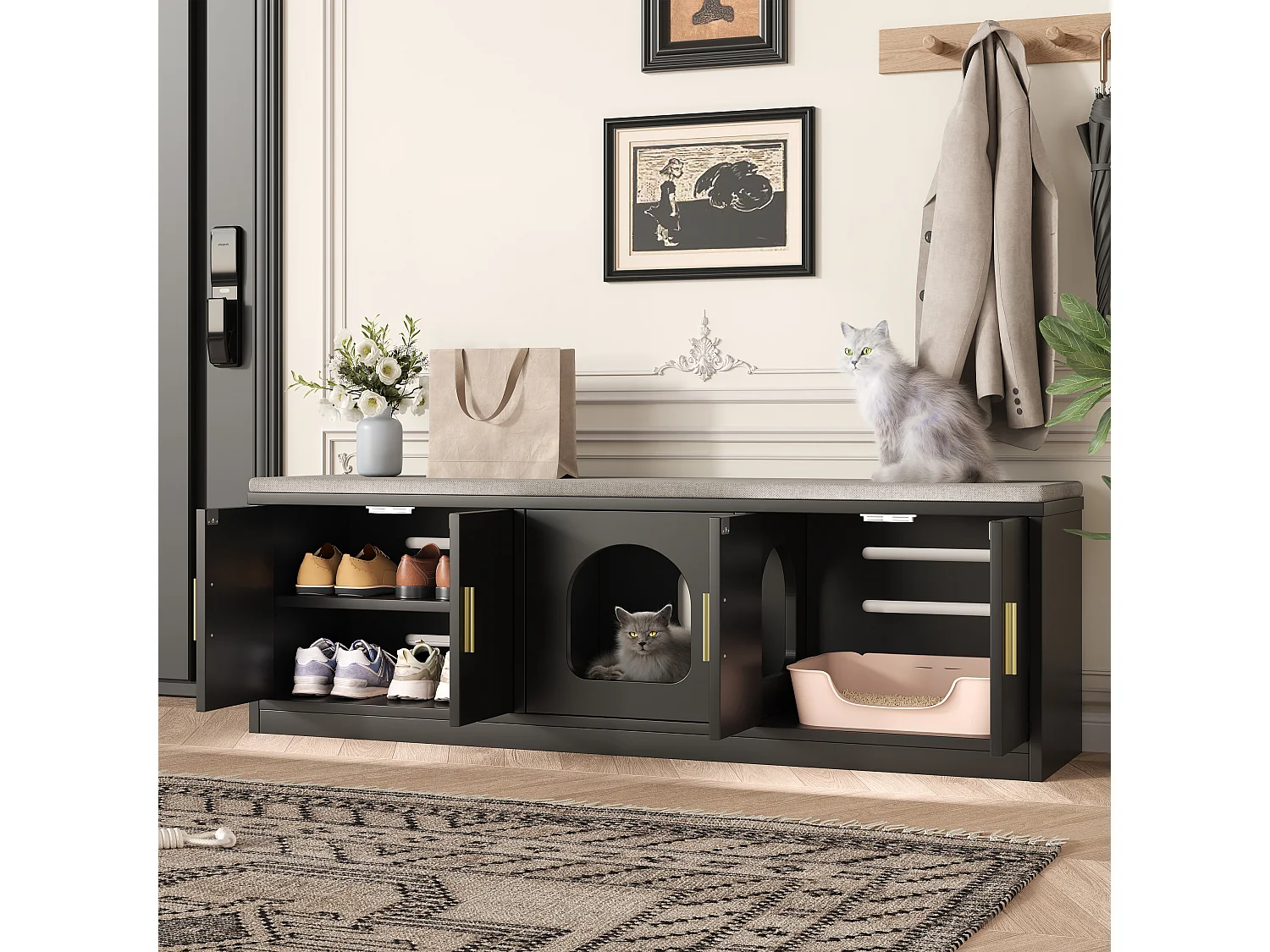 Buffet pour chat dissimulé - 140 x 40 x 45.5 cm - Griffoir et ventilation intégrés - avec 3 portes - aggloméré - noir