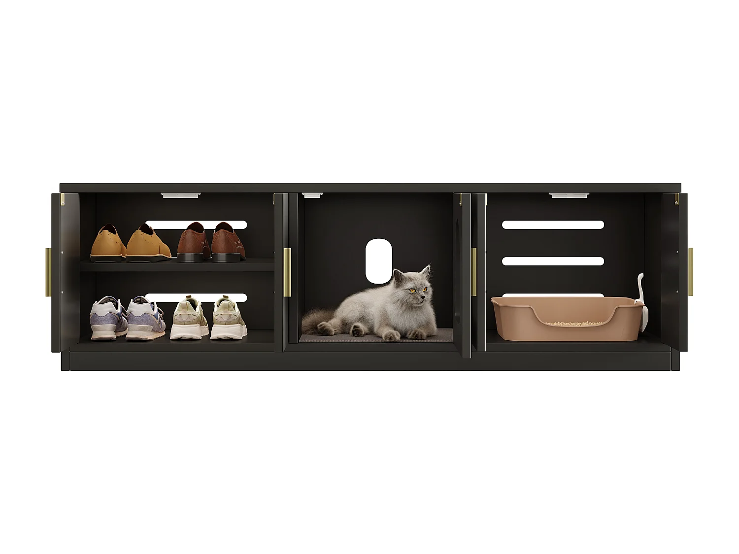 Buffet pour chat dissimulé - 140 x 40 x 45.5 cm - Griffoir et ventilation intégrés - avec 3 portes - aggloméré - noir