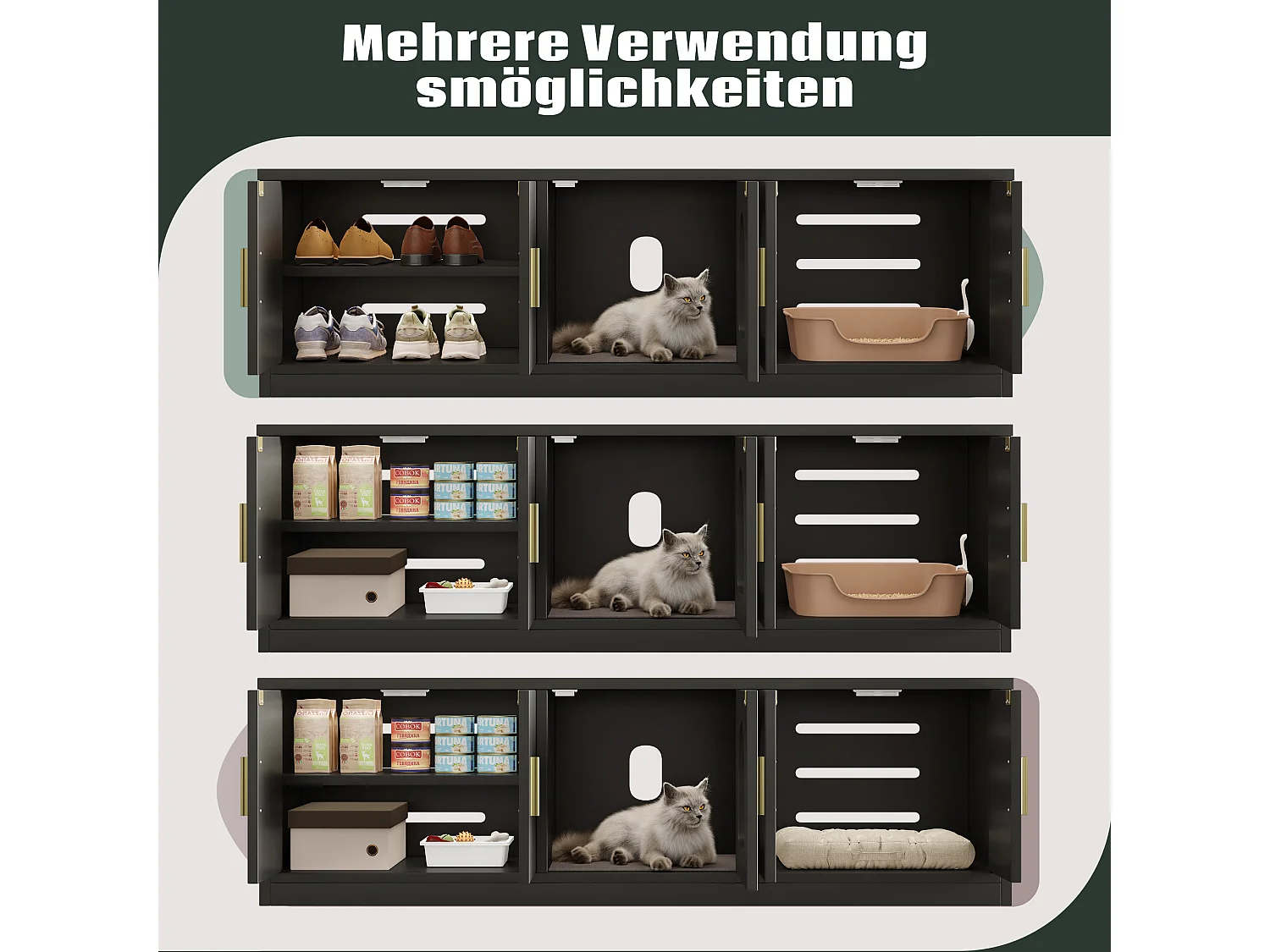 Buffet pour chat dissimulé - 140 x 40 x 45.5 cm - Griffoir et ventilation intégrés - avec 3 portes - aggloméré - noir