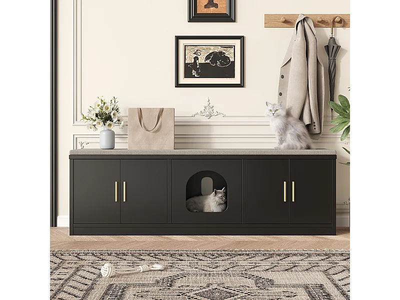 Buffet pour chat dissimulé - 140 x 40 x 45.5 cm - Griffoir et ventilation intégrés - avec 3 portes - aggloméré - noir