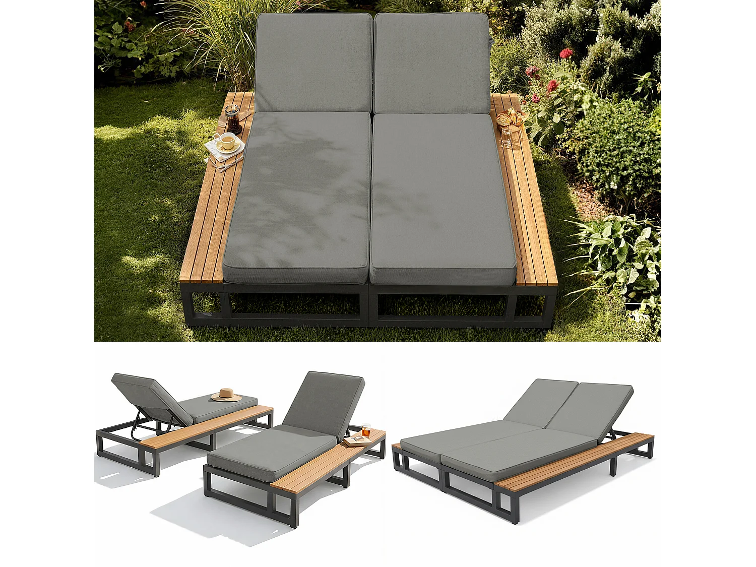 Bain de soleil double d'extérieur - 184 x 159 x 73 cm - Lit de jour avec étagères - dossier inclinable - métal + bois - gris