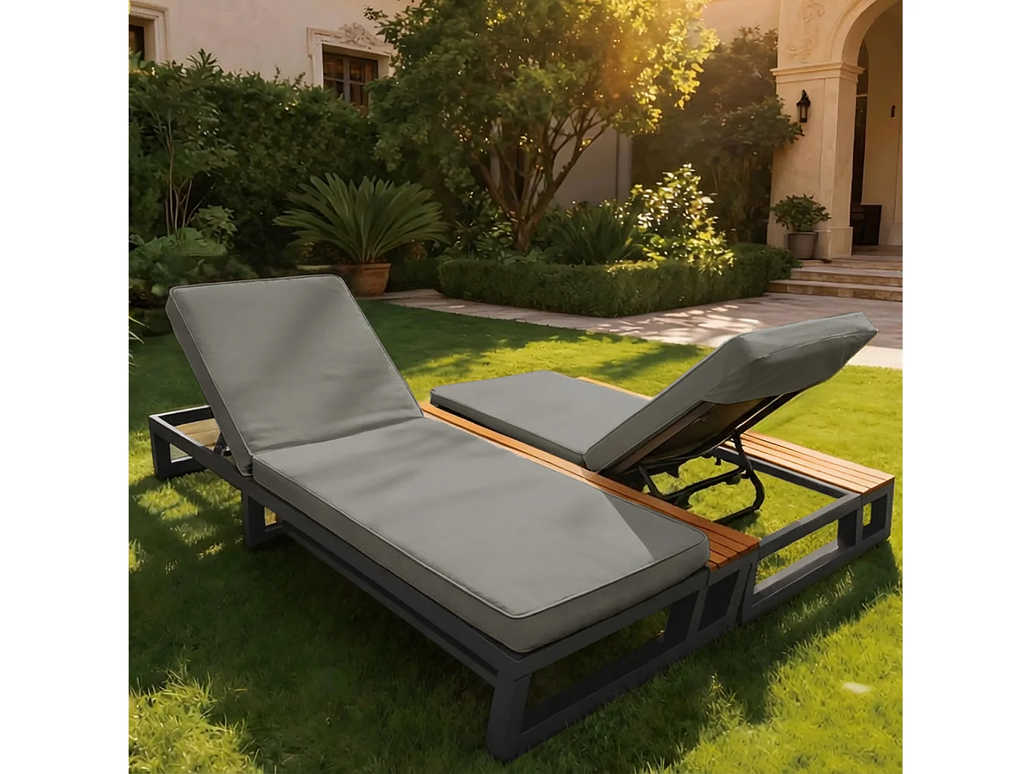 Bain de soleil double d'extérieur - 184 x 159 x 73 cm - Lit de jour avec étagères - dossier inclinable - métal + bois - gris