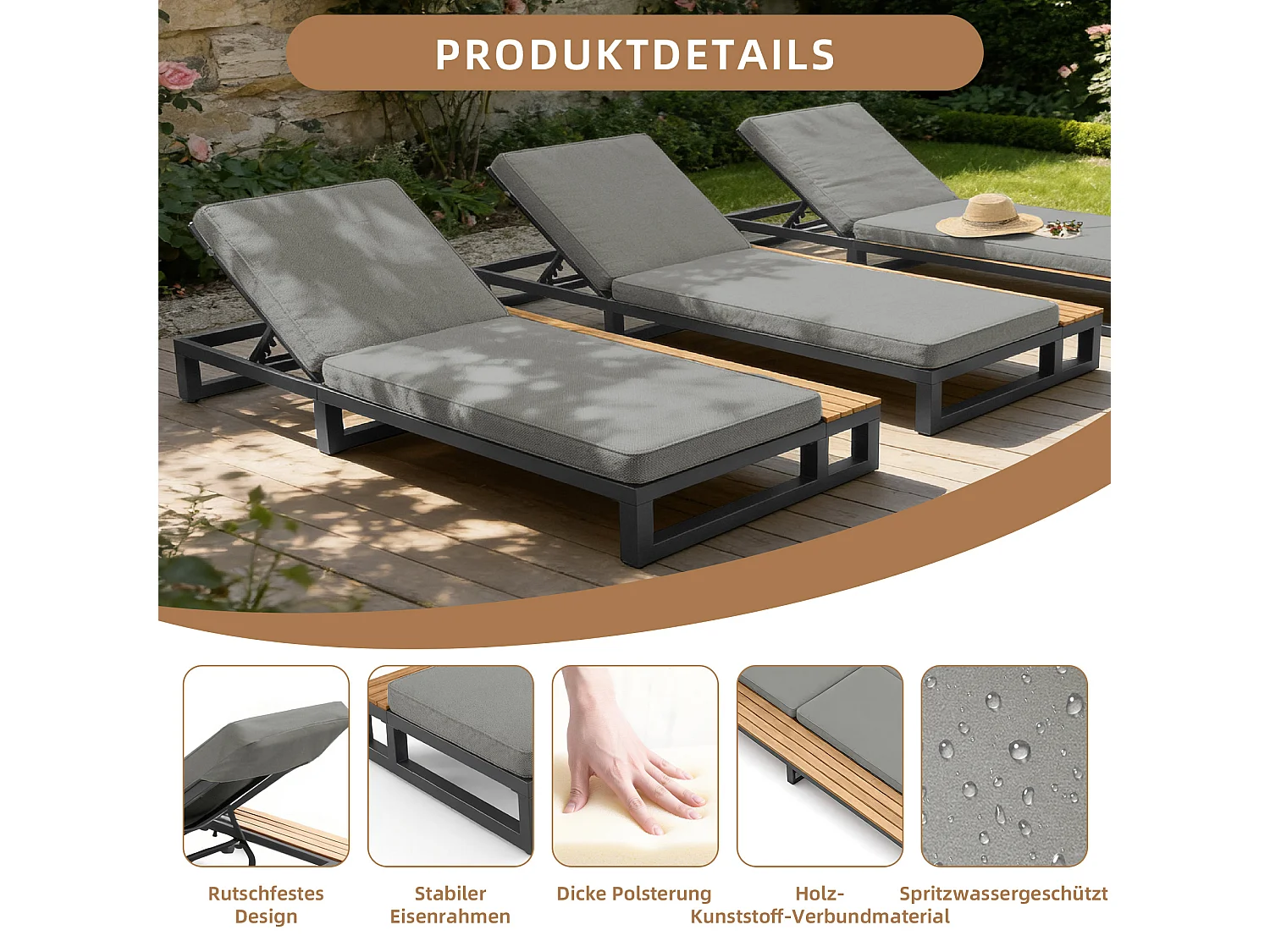 1-persoons ligstoel voor buiten - 184 x 79,5 x 73 cm - Daybed met plank aan de linkerkant - verstelbare rugleuning - metaal + hout - grijs