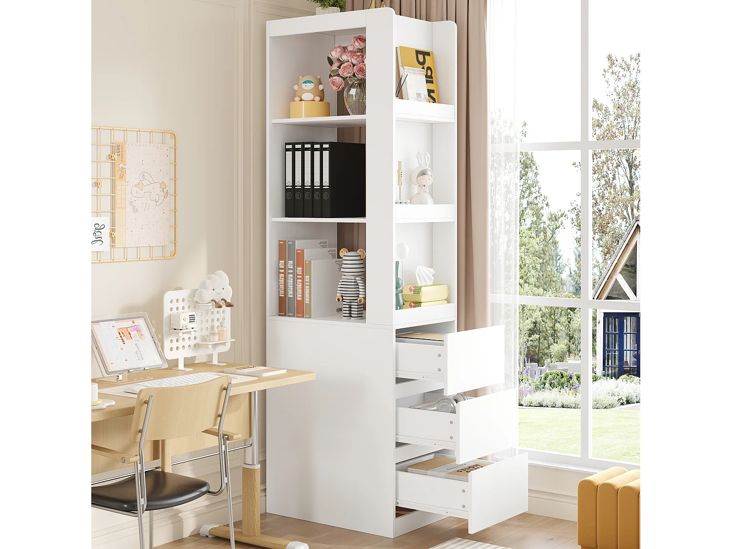 Bibliothèque haut de salon - 60 x 40 x 200 cm - avec 3 tiroirs + étagères - aggloméré - blanc