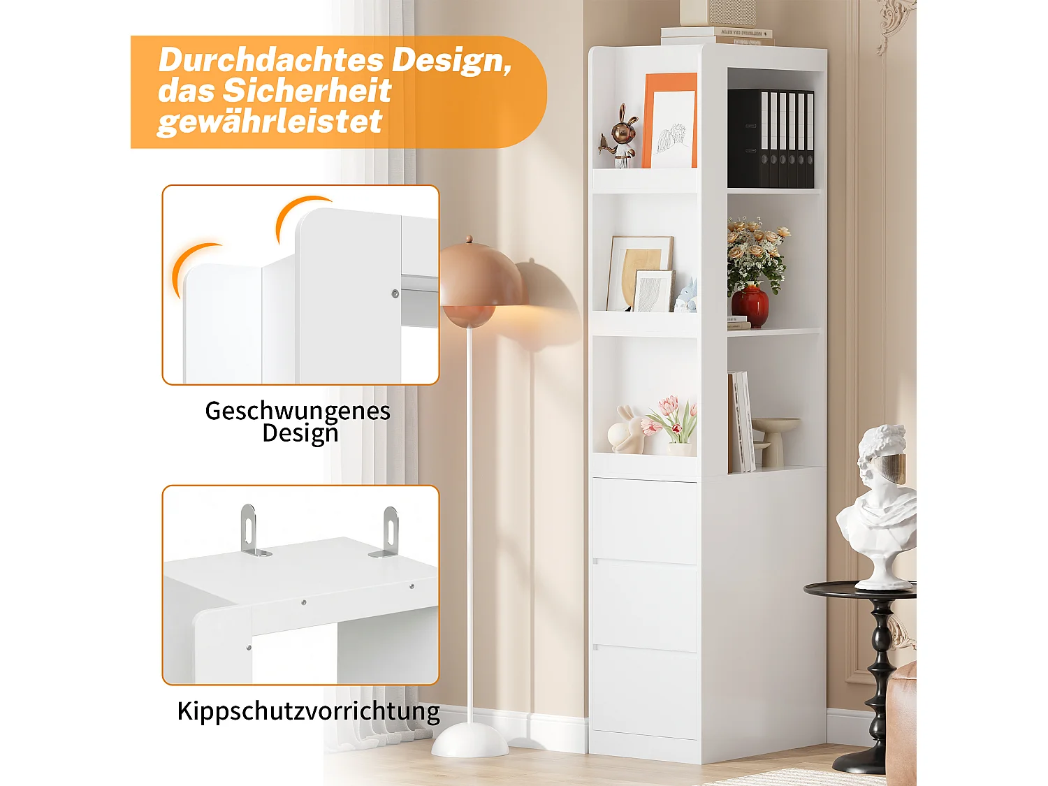 Bibliothèque haut de salon - 60 x 40 x 200 cm - avec 3 tiroirs + étagères - aggloméré - blanc