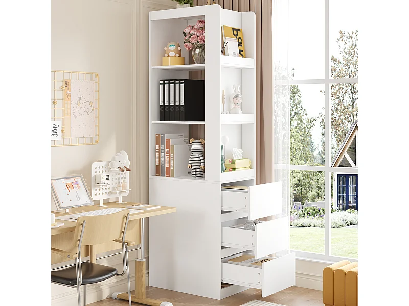 Bibliothèque haut de salon - 60 x 40 x 200 cm - avec 3 tiroirs + étagères - aggloméré - blanc