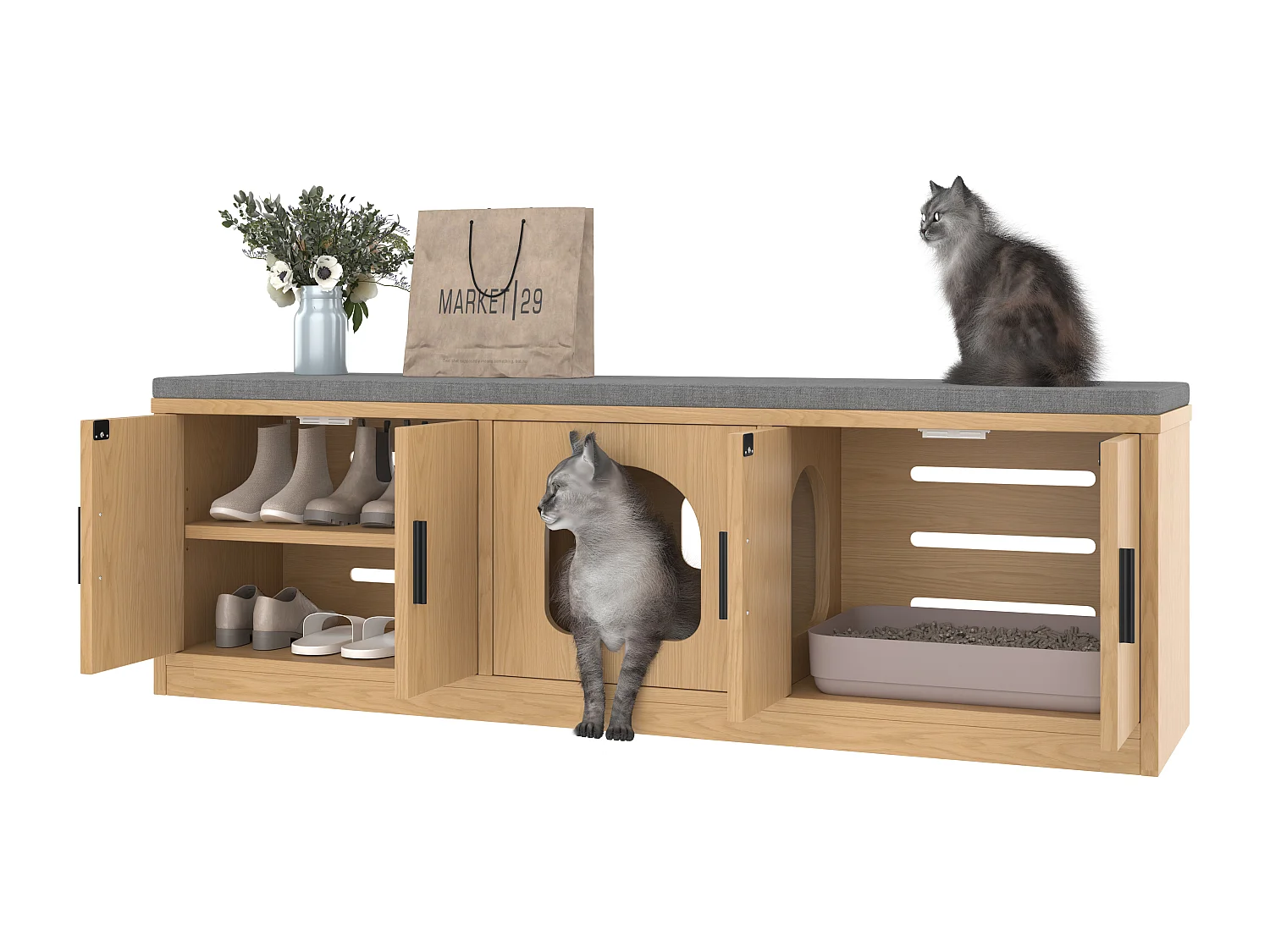 Buffet pour chat dissimulé - 140 x 40 x 45.5 cm - Griffoir et ventilation intégrés - avec 3 portes - aggloméré - naturel