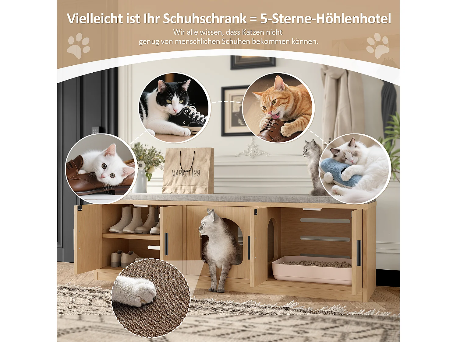 Buffet pour chat dissimulé - 140 x 40 x 45.5 cm - Griffoir et ventilation intégrés - avec 3 portes - aggloméré - naturel