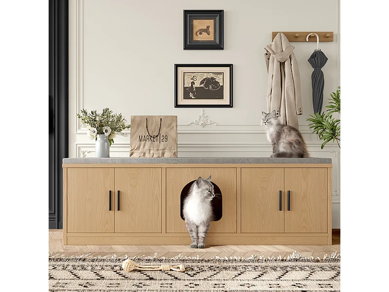 Buffet pour chat dissimulé - 140 x 40 x 45.5 cm - Griffoir et ventilation intégrés - avec 3 portes - aggloméré - naturel