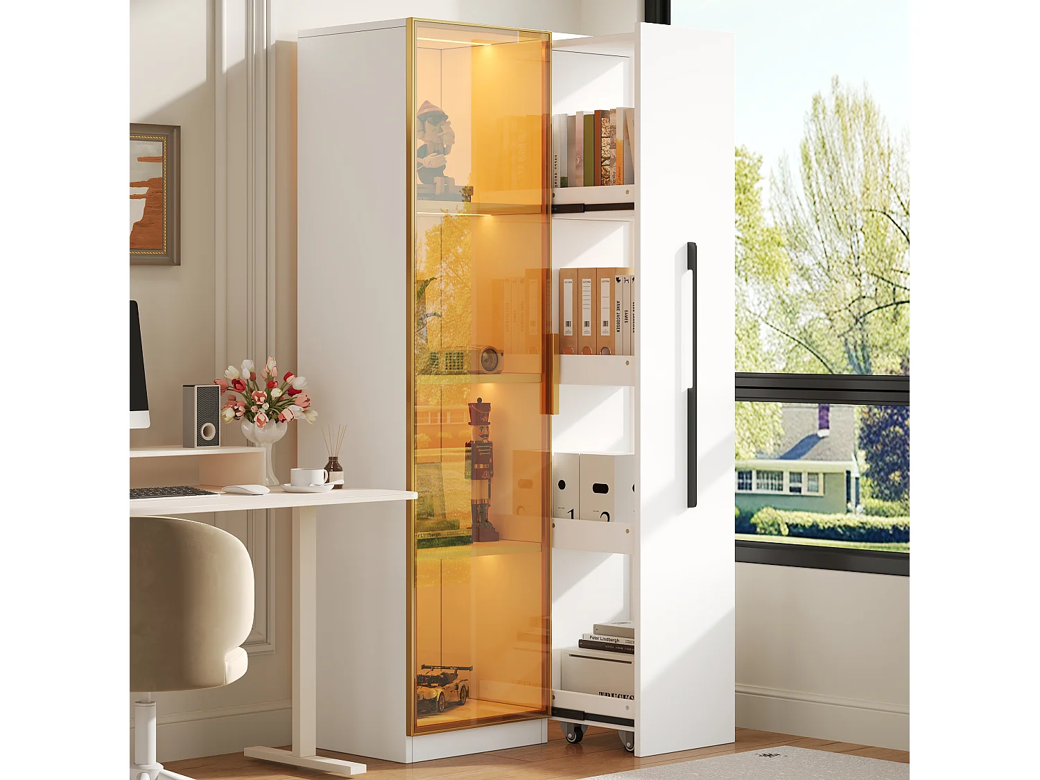 Vitrinekast met glazen deur en LED-verlichting - 70 x 40 x 160 cm - met uitschuifbaar zijplankje - MDF - wit