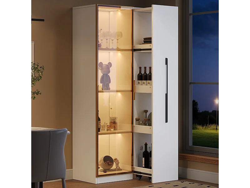 Vitrinekast met glazen deur en LED-verlichting - 70 x 40 x 160 cm - met uitschuifbaar zijplankje - MDF - wit