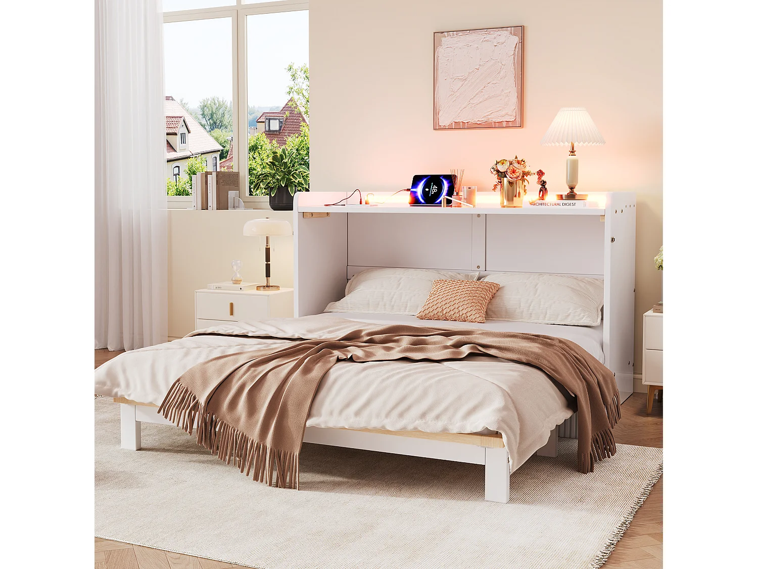 Lit escamotable - 140 x 200 cm - avec tiroir + USB + Leds - plateau laqué brillant - MDF + agglogéré - blanc