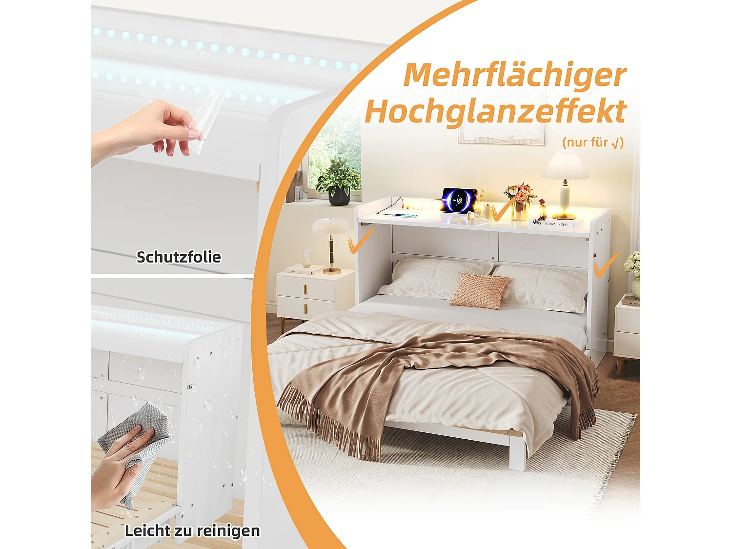 Lit escamotable - 140 x 200 cm - avec tiroir + USB + Leds - plateau laqué brillant - MDF + agglogéré - blanc