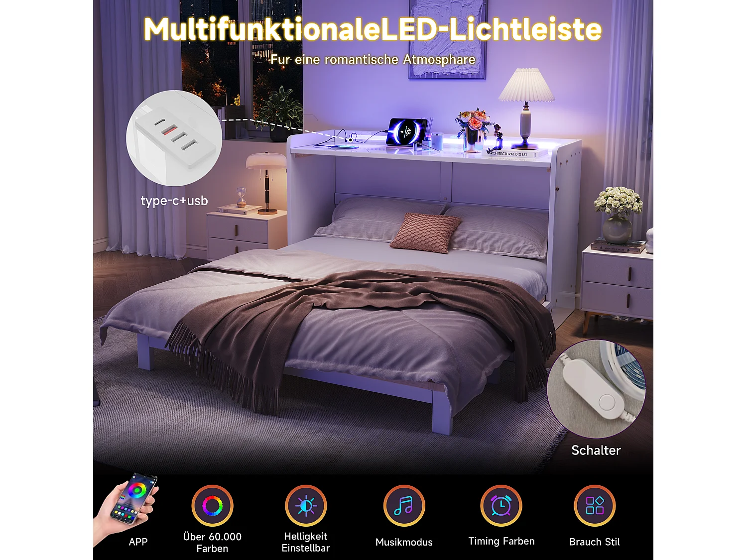 Lit escamotable - 140 x 200 cm - avec tiroir + USB + Leds - plateau laqué brillant - MDF + agglogéré - blanc