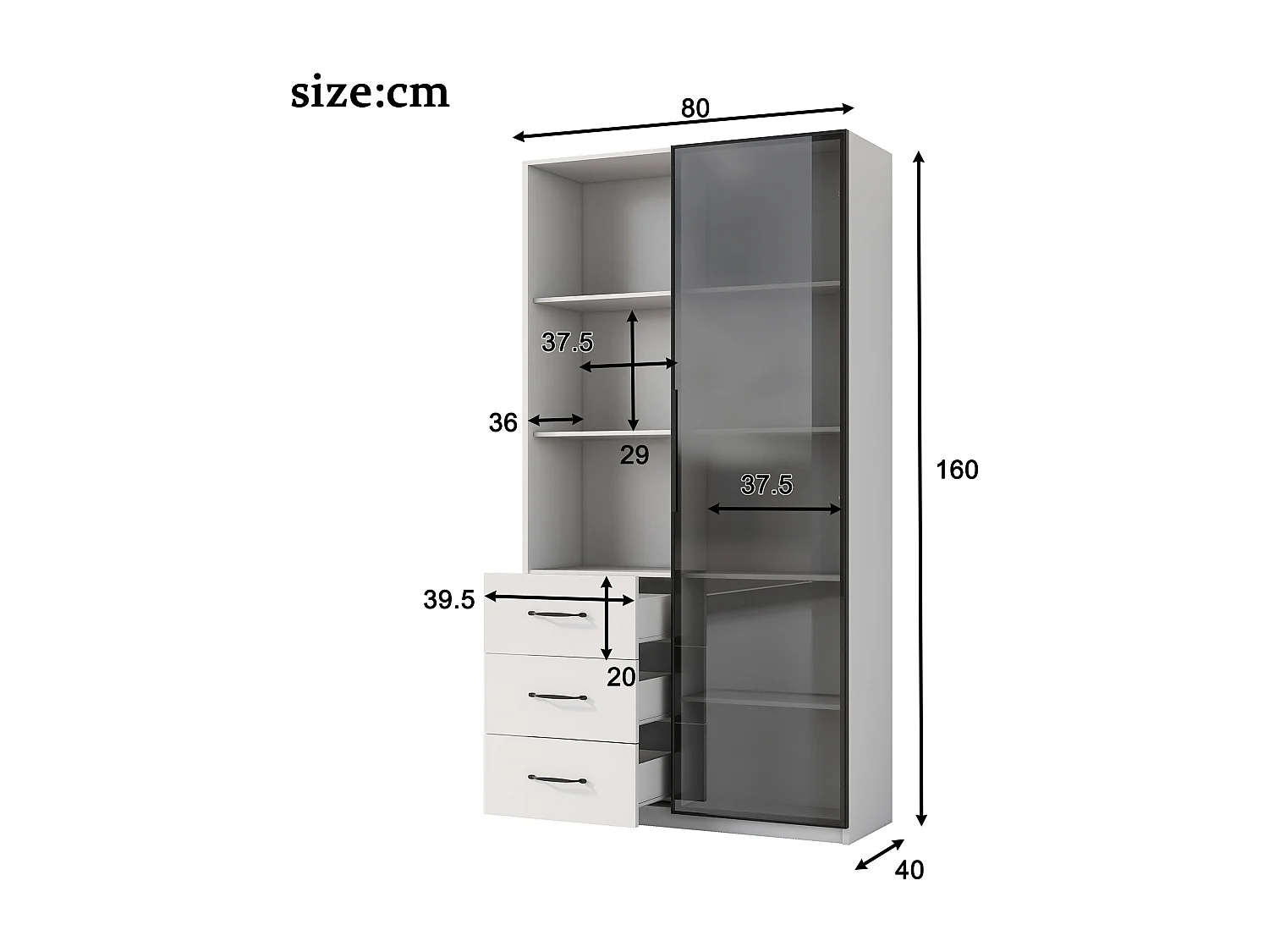 Vitrinekast met boekenplank - 80 x 40 x 160 cm - met deur van gehard glas + LED-verlichting + 3 lades - spaanplaat - wit