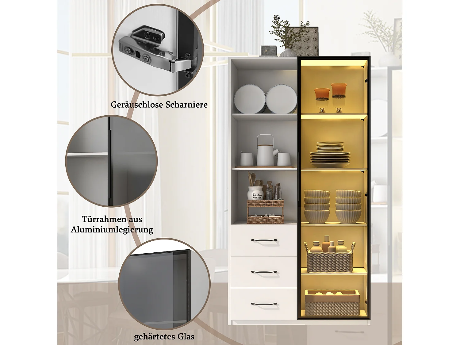 Vitrinekast met boekenplank - 80 x 40 x 160 cm - met deur van gehard glas + LED-verlichting + 3 lades - spaanplaat - wit