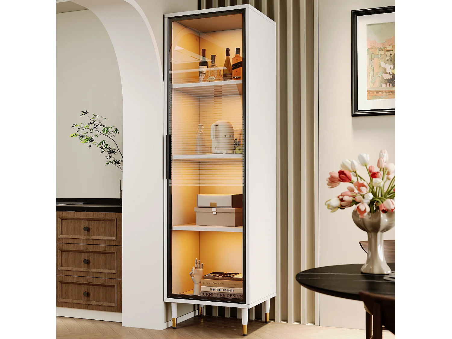 Hoge glazen vitrinekast - 40 x 40 x 170 cm - met deuren + LED-verlichting + schappen - spaanplaat - wit