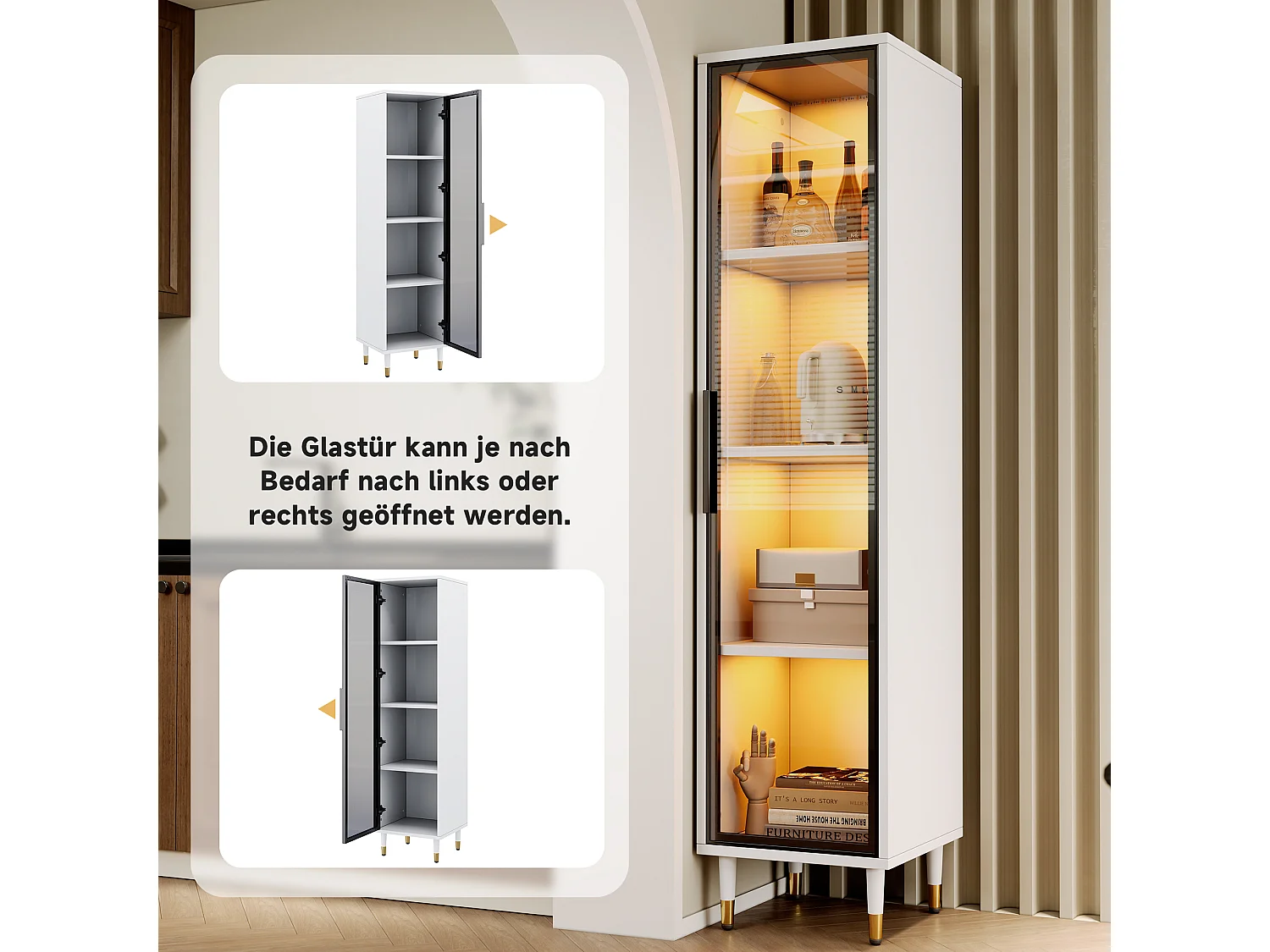 Hoge glazen vitrinekast - 40 x 40 x 170 cm - met deuren + LED-verlichting + schappen - spaanplaat - wit