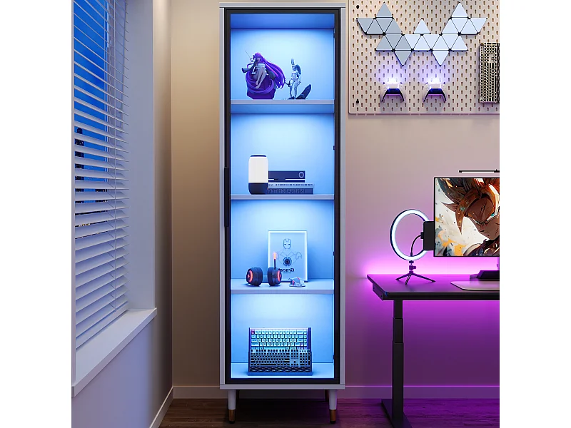 Hoge glazen vitrinekast - 40 x 40 x 170 cm - met deuren + LED-verlichting + schappen - spaanplaat - wit