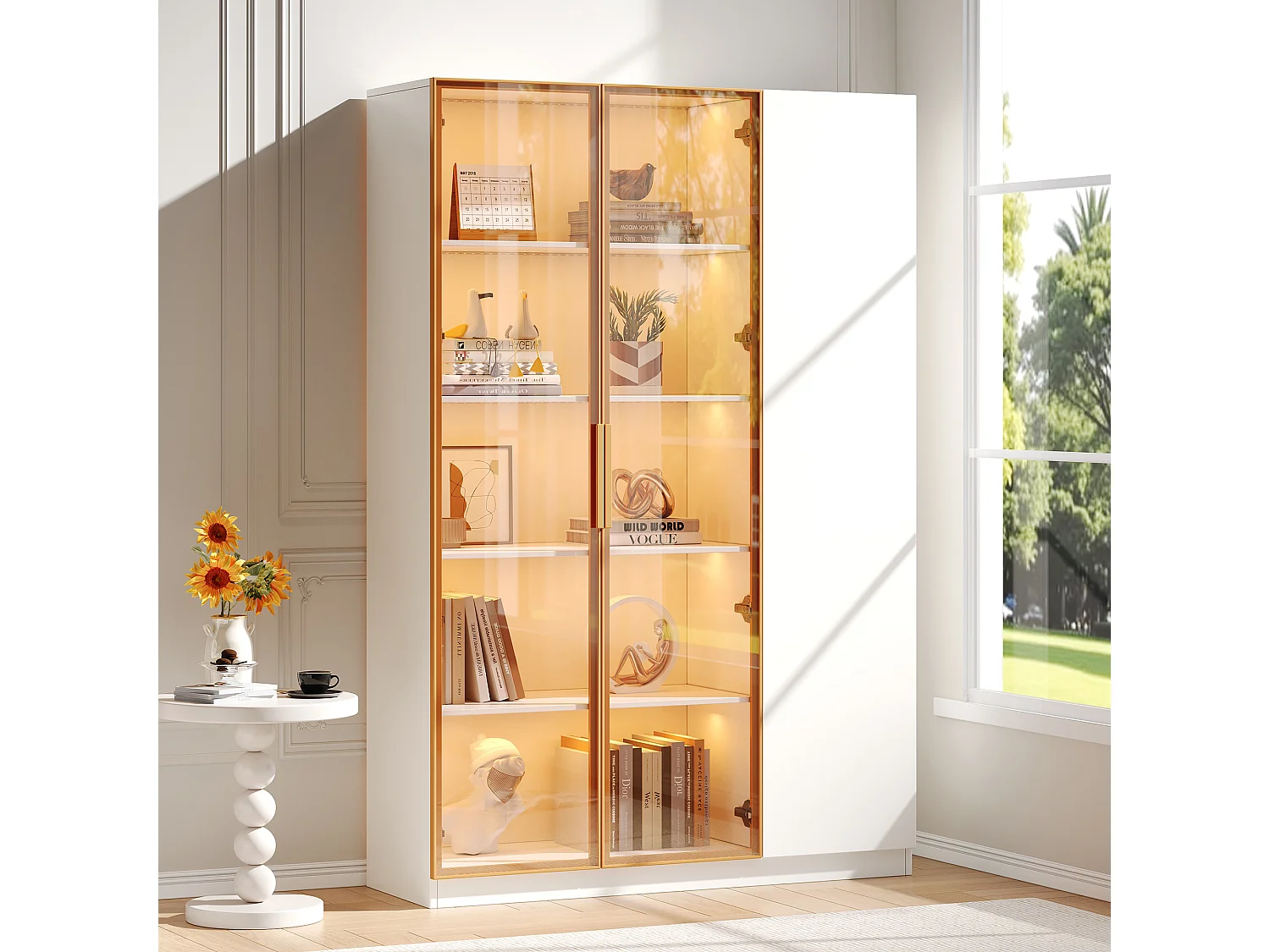 Vitrine vitrée haut - 110 x 35 x 165 cm - aevc 3 portes + Leds + étagères réglables - MDF - blanc