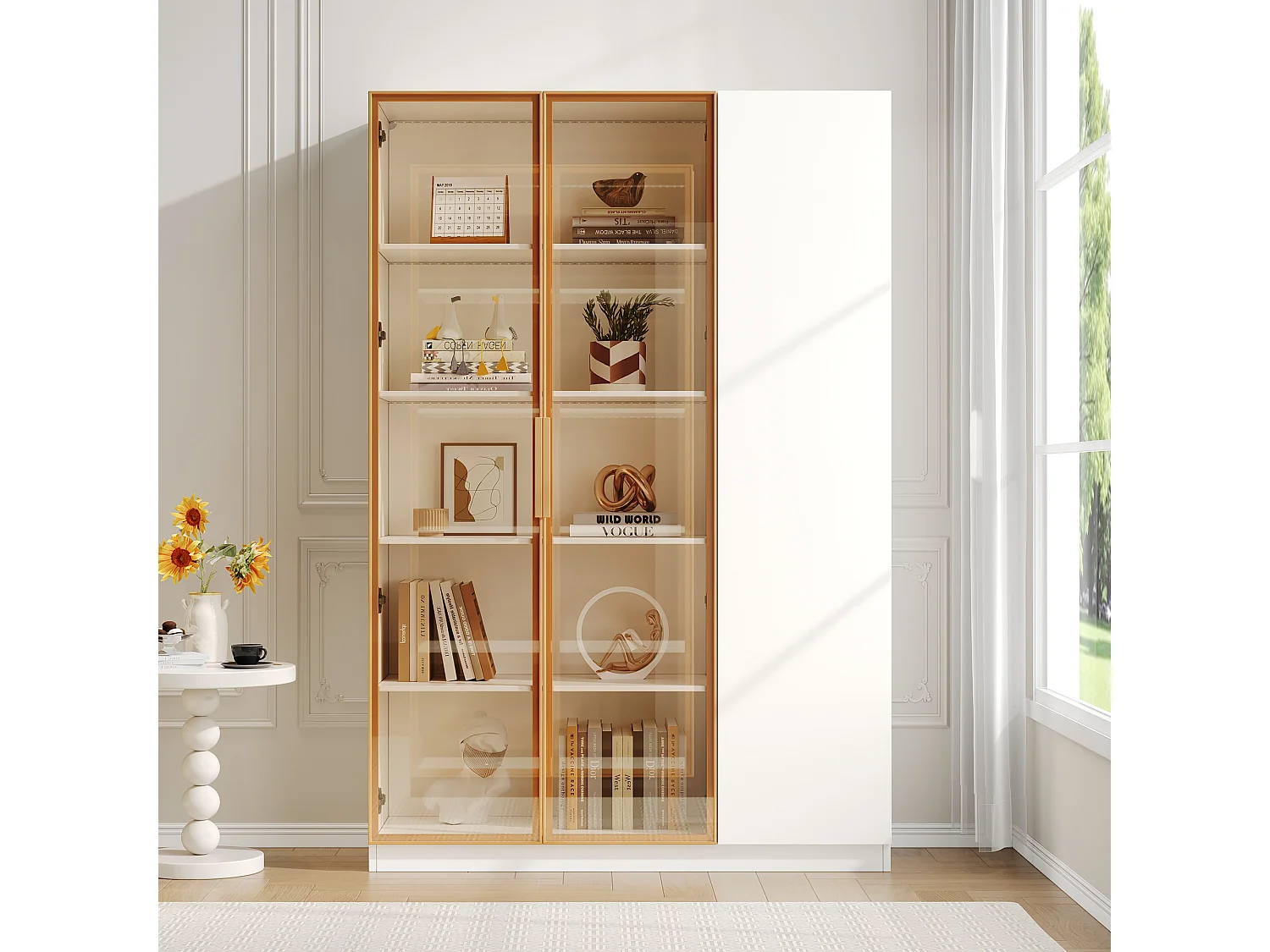 Vitrine vitrée haut - 110 x 35 x 165 cm - aevc 3 portes + Leds + étagères réglables - MDF - blanc