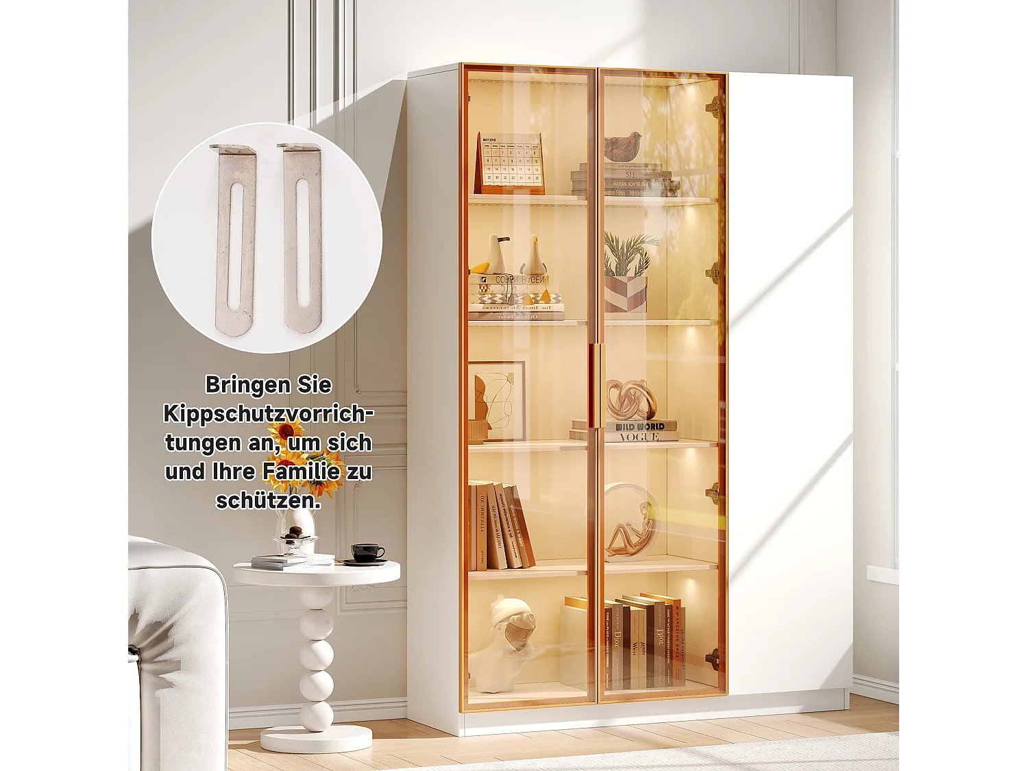 Vitrine vitrée haut - 110 x 35 x 165 cm - aevc 3 portes + Leds + étagères réglables - MDF - blanc