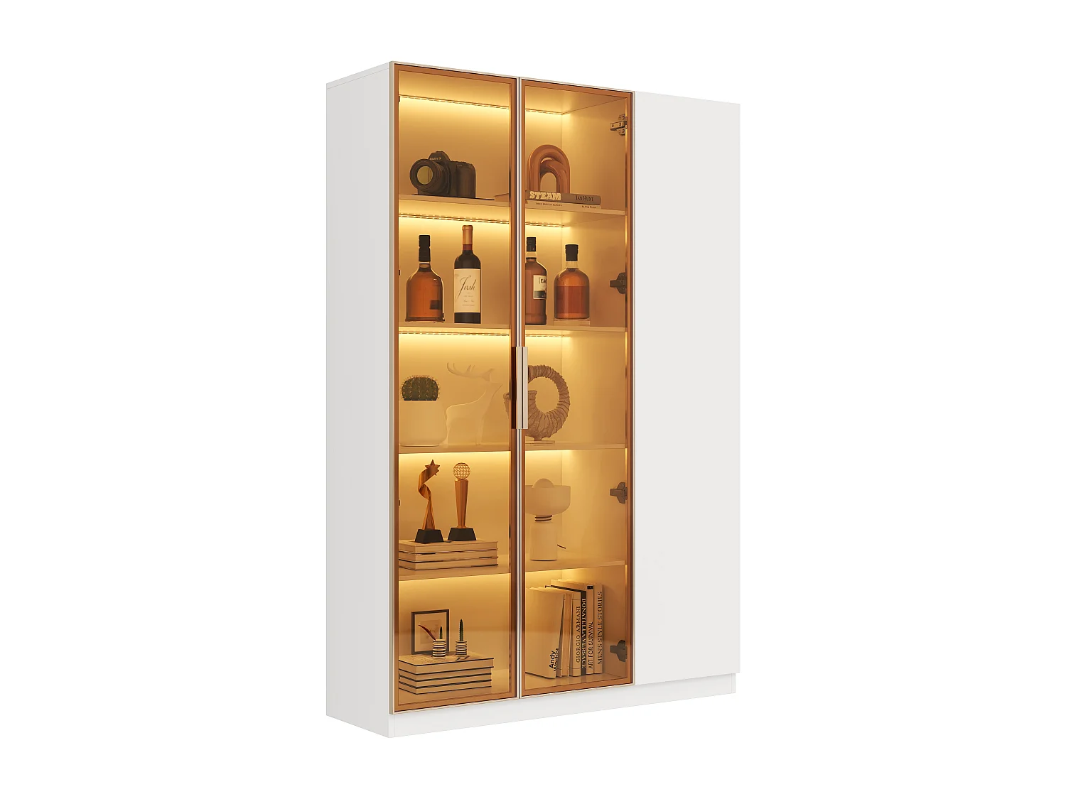 Vitrine vitrée haut - 110 x 35 x 165 cm - aevc 3 portes + Leds + étagères réglables - MDF - blanc