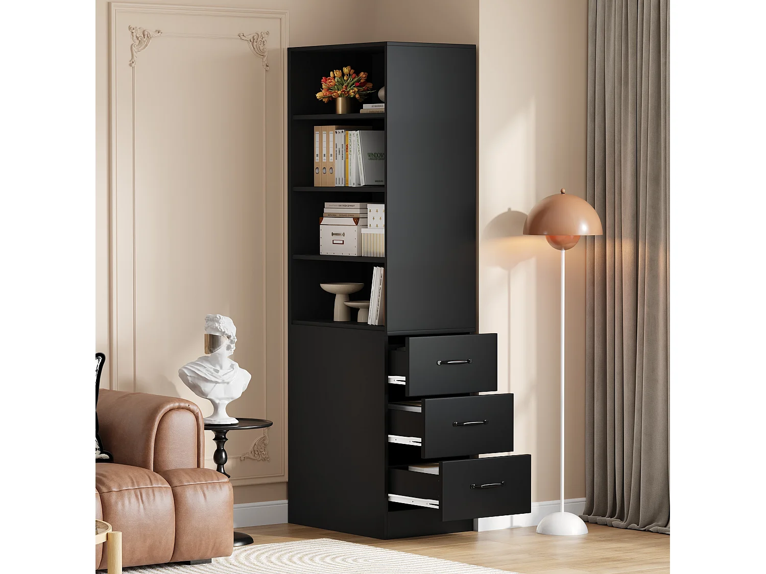 Bibliothèque haut de salon - 60 x 38 x 180 cm - avec 3 tiroirs + étagères réglables - aggloméré - noir