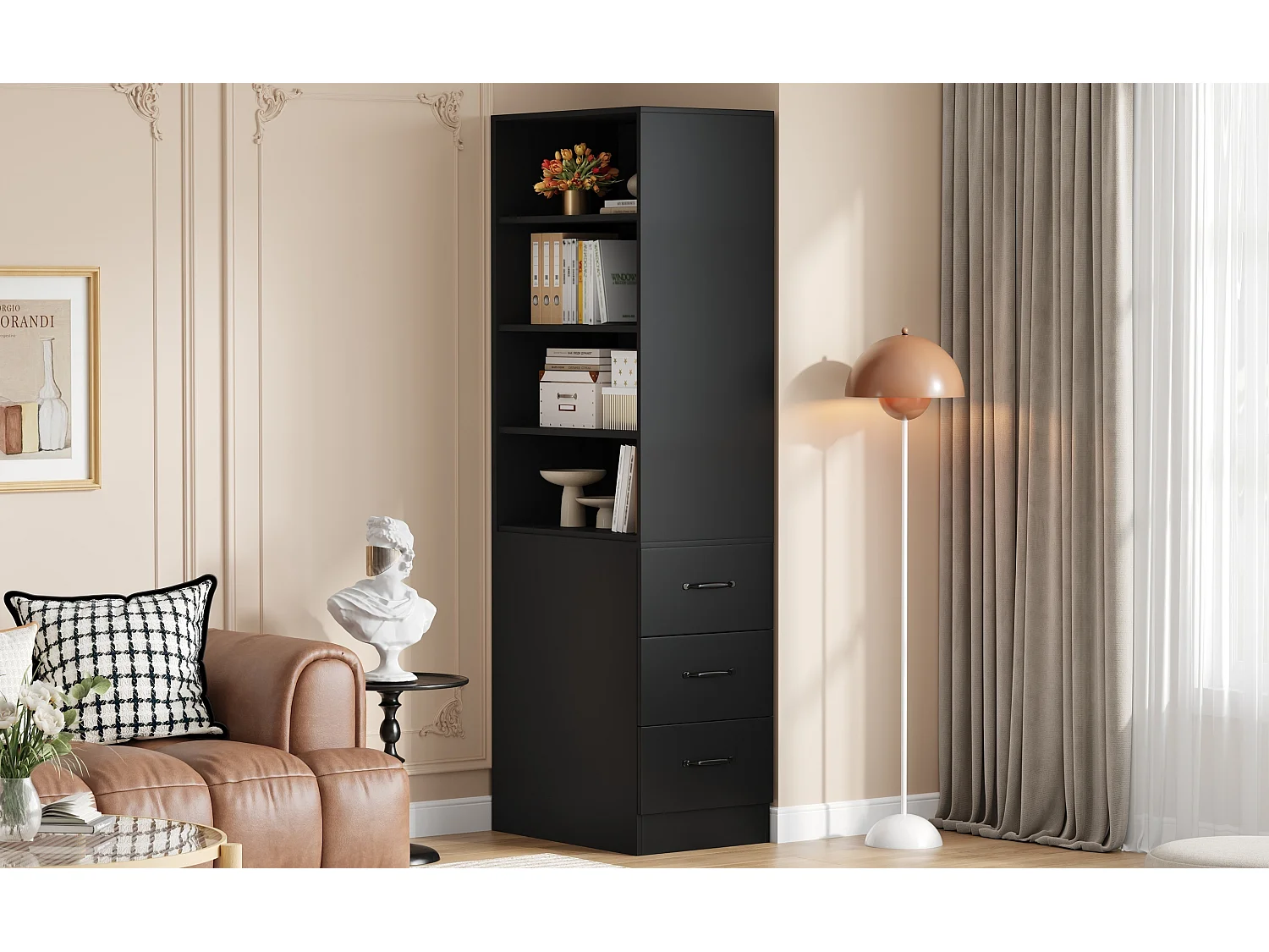 Bibliothèque haut de salon - 60 x 38 x 180 cm - avec 3 tiroirs + étagères réglables - aggloméré - noir