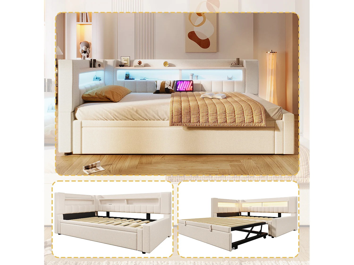 Canapé-lit capitonné avec lit gigogne - 90/180 x 200 cm - avec USB + Type-C + Leds + rangement - lin - beige