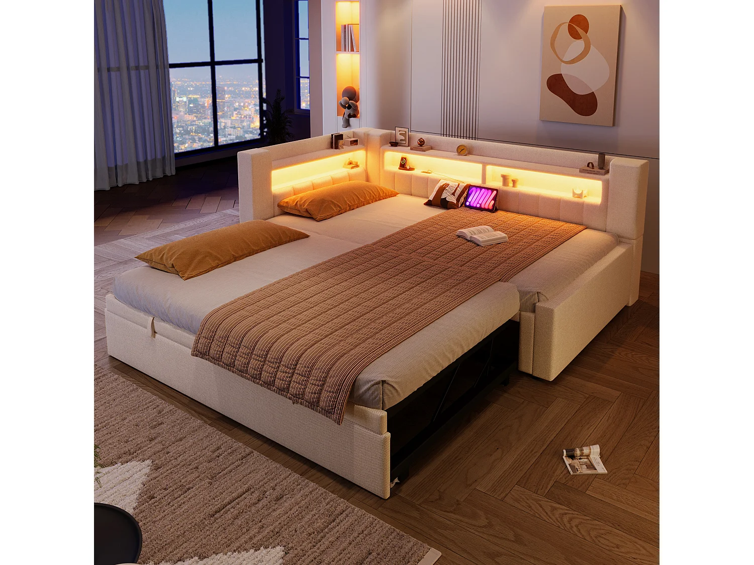 Canapé-lit capitonné avec lit gigogne - 90/180 x 200 cm - avec USB + Type-C + Leds + rangement - lin - beige