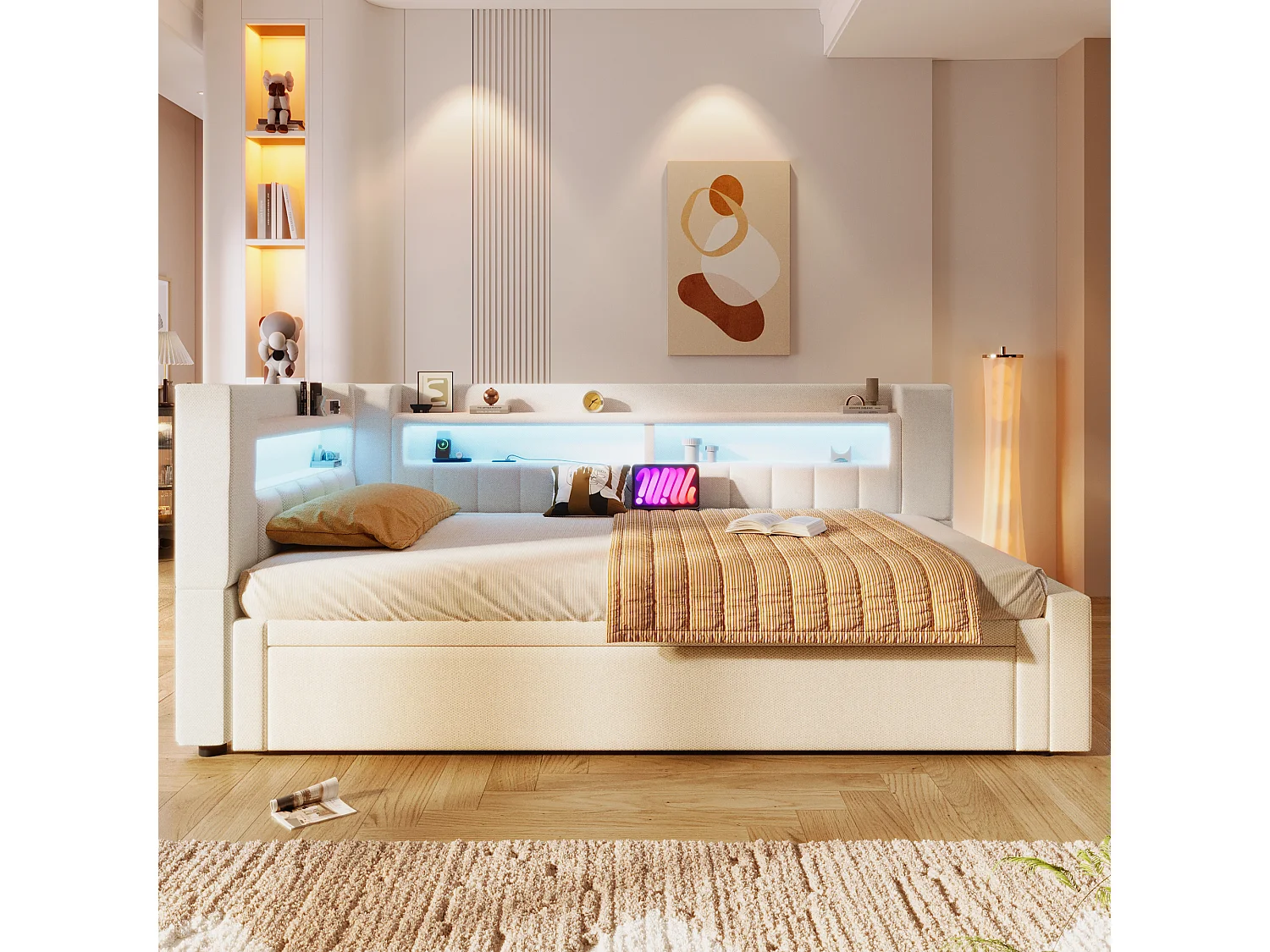 Canapé-lit capitonné avec lit gigogne - 90/180 x 200 cm - avec USB + Type-C + Leds + rangement - lin - beige