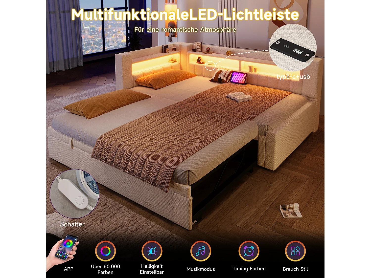 Canapé-lit capitonné avec lit gigogne - 90/180 x 200 cm - avec USB + Type-C + Leds + rangement - lin - beige