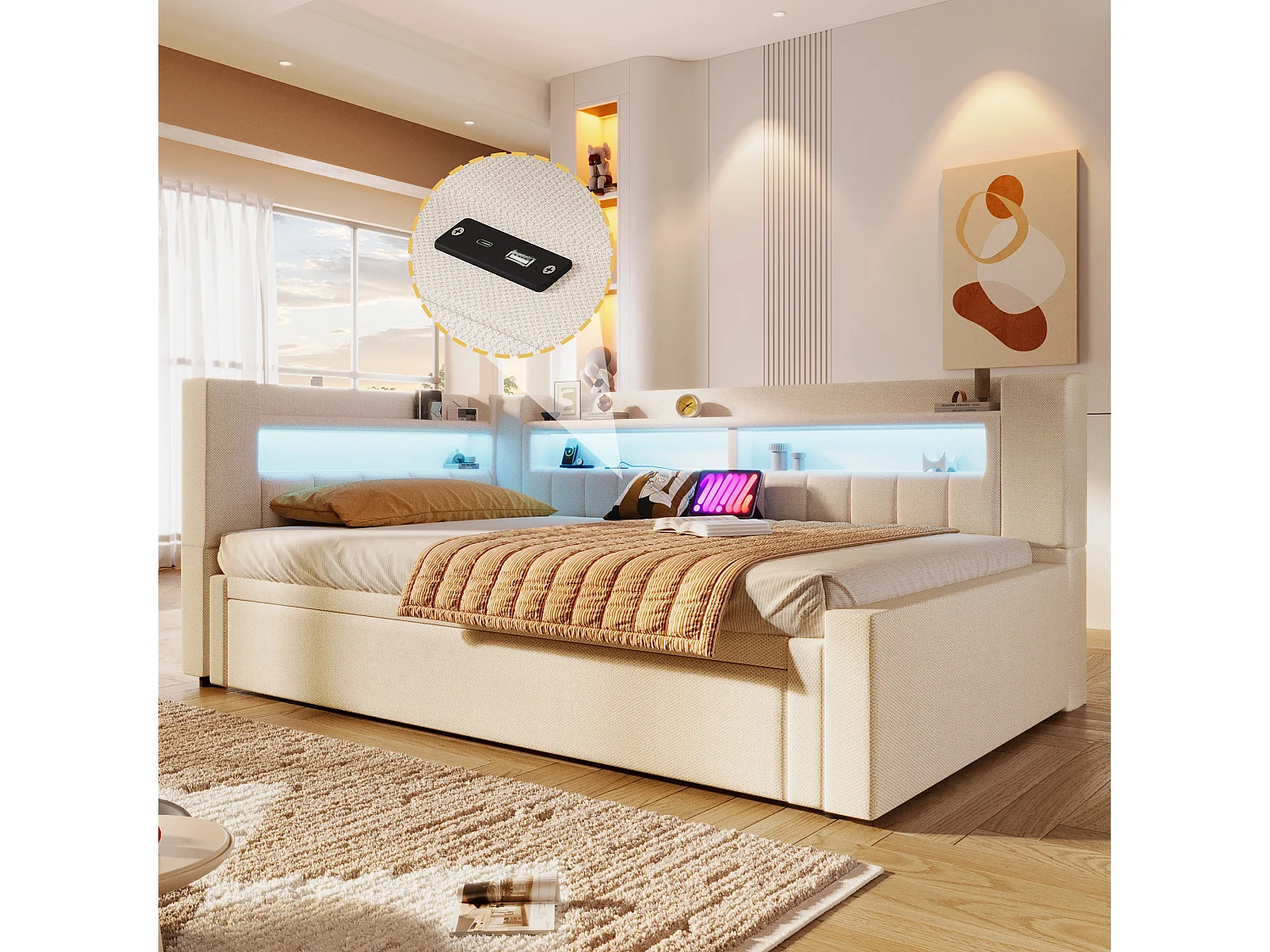 Canapé-lit capitonné avec lit gigogne - 90/180 x 200 cm - avec USB + Type-C + Leds + rangement - lin - beige