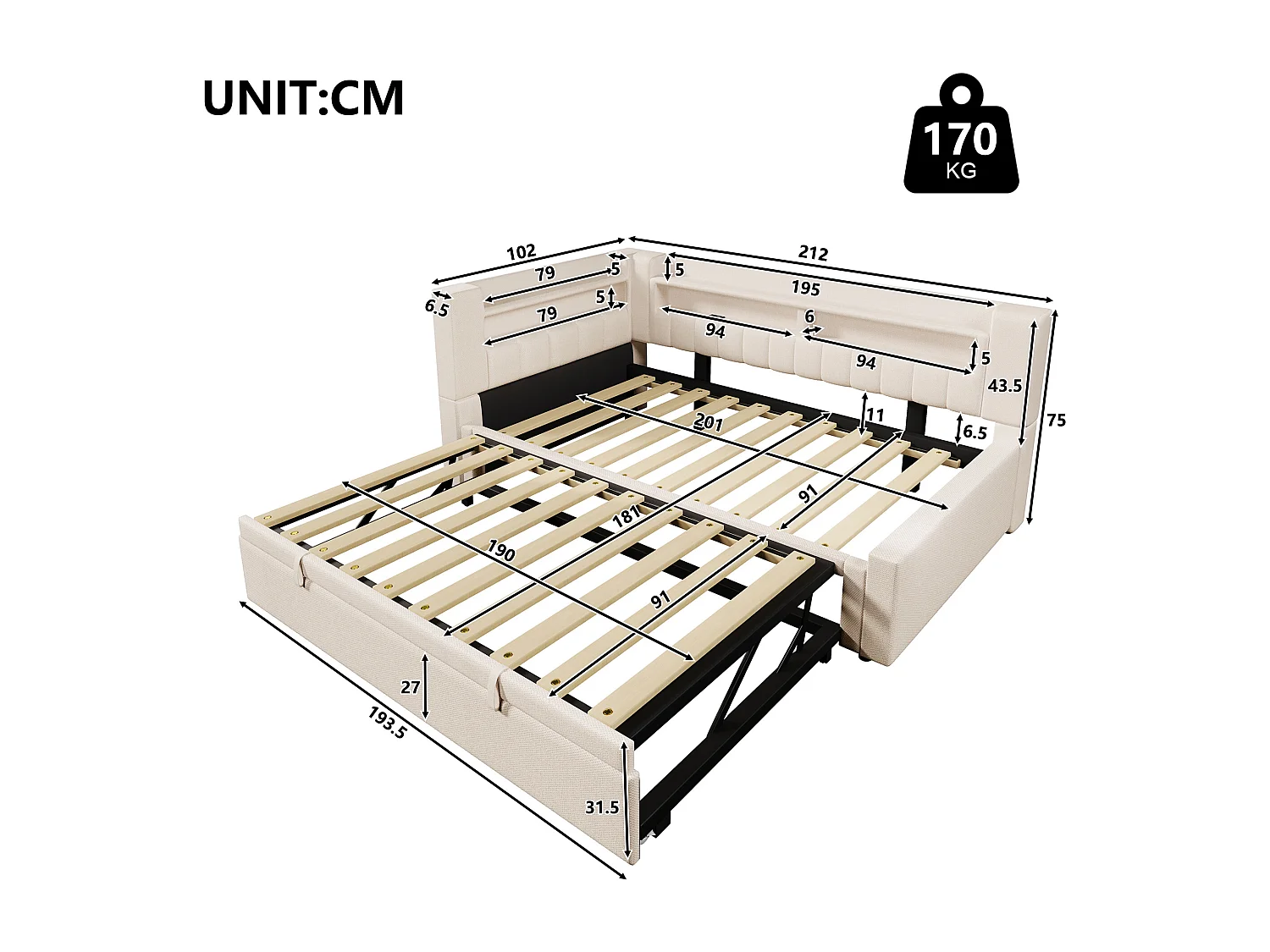 Canapé-lit capitonné avec lit gigogne - 90/180 x 200 cm - avec USB + Type-C + Leds + rangement - lin - beige