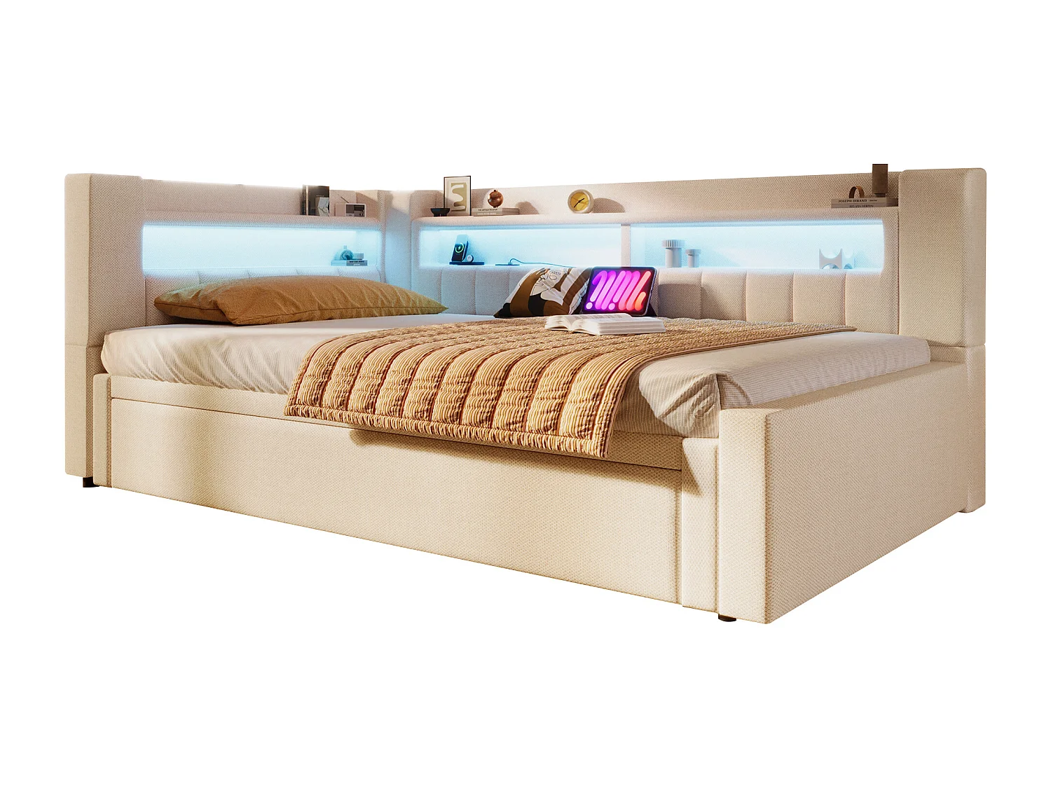 Canapé-lit capitonné avec lit gigogne - 90/180 x 200 cm - avec USB + Type-C + Leds + rangement - lin - beige