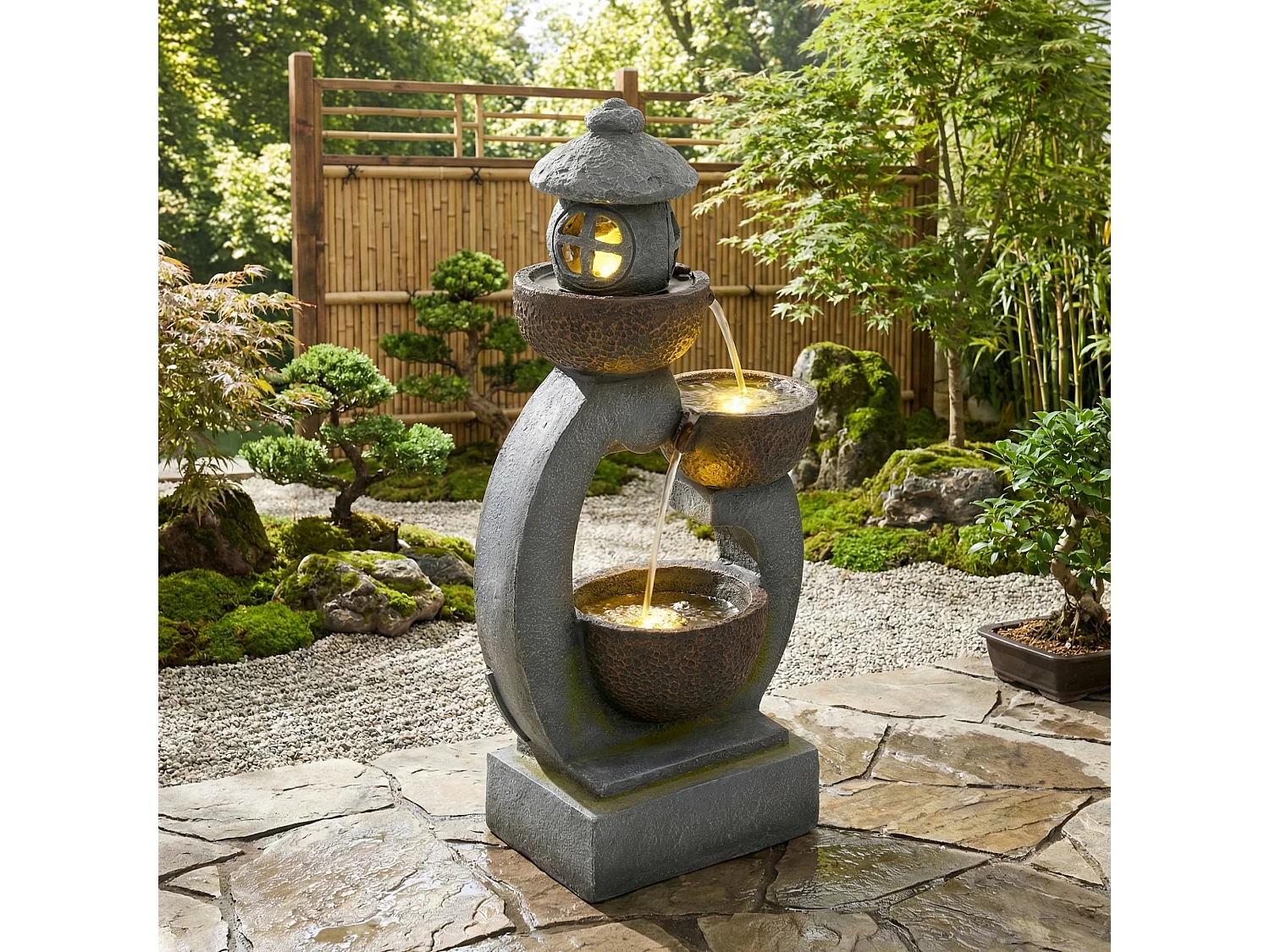 Fontaine d'extérieur Zen pour jardin/terrasse/balcon/pelouse - 44.5 x 25 x 95 cm - avec Leds - Résine - gris