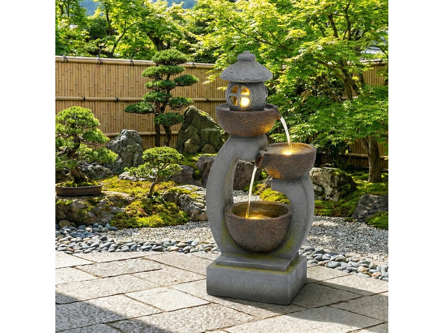 Fontaine d'extérieur Zen pour jardin/terrasse/balcon/pelouse - 44.5 x 25 x 95 cm - avec Leds - Résine - gris
