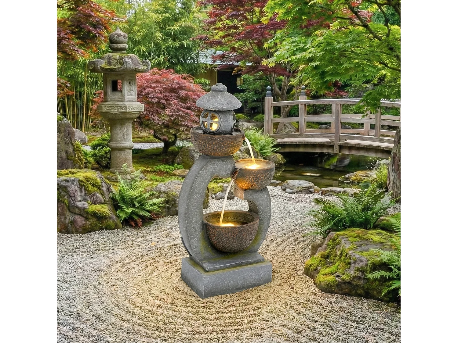 Fontaine d'extérieur Zen pour jardin/terrasse/balcon/pelouse - 44.5 x 25 x 95 cm - avec Leds - Résine - gris