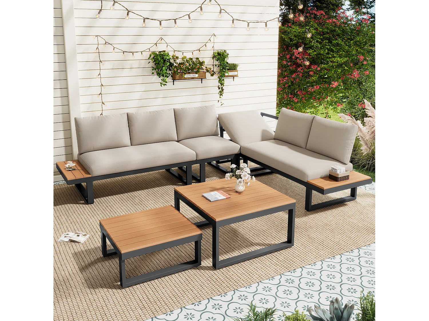 Ensemble de mobilier de jardin - 252 x 195 x 76 cm - avec canapé inclinable + 2 tables basses - Polyester + métal - beige + noir